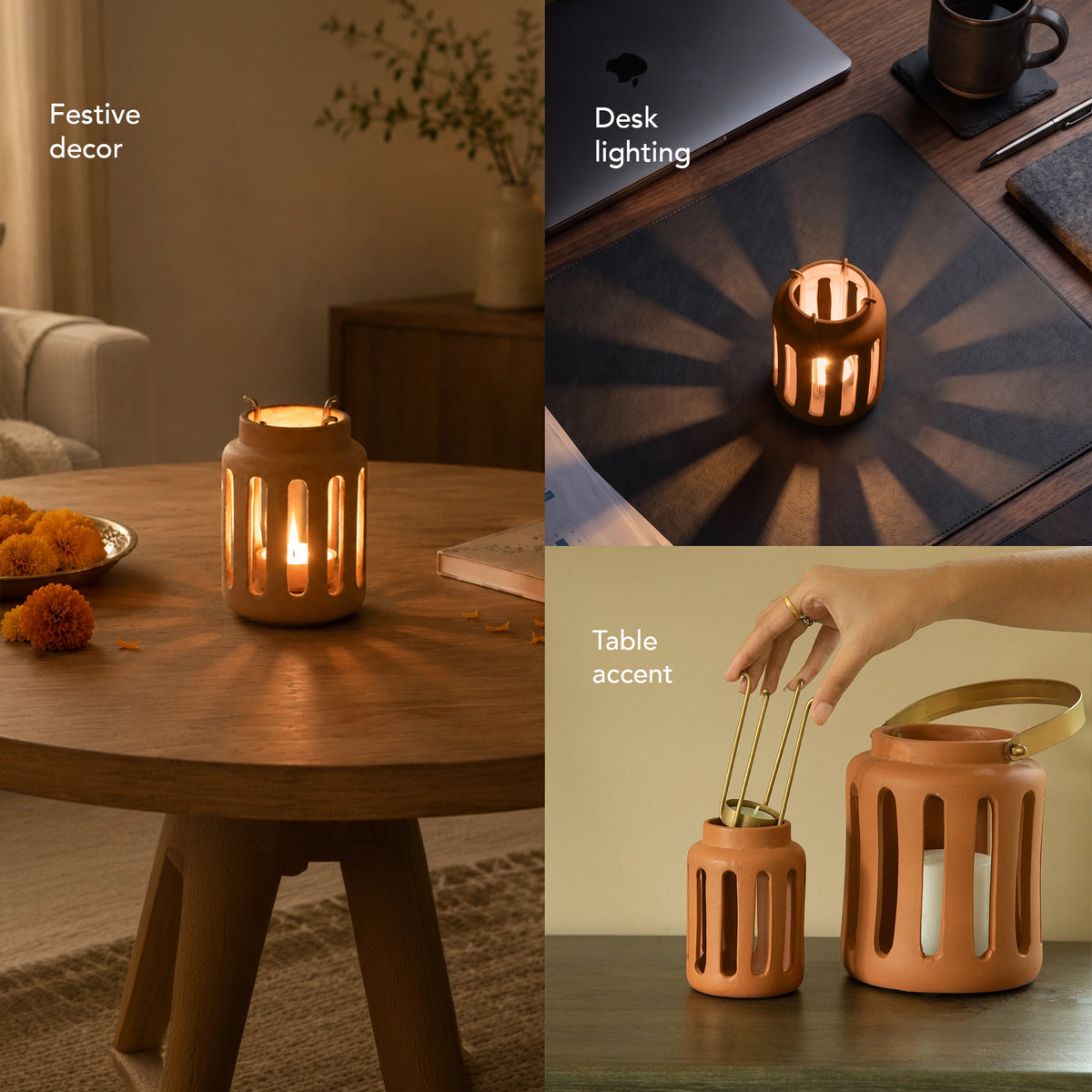 Lupa Terracotta Round Lantern With Metal Handle - Small