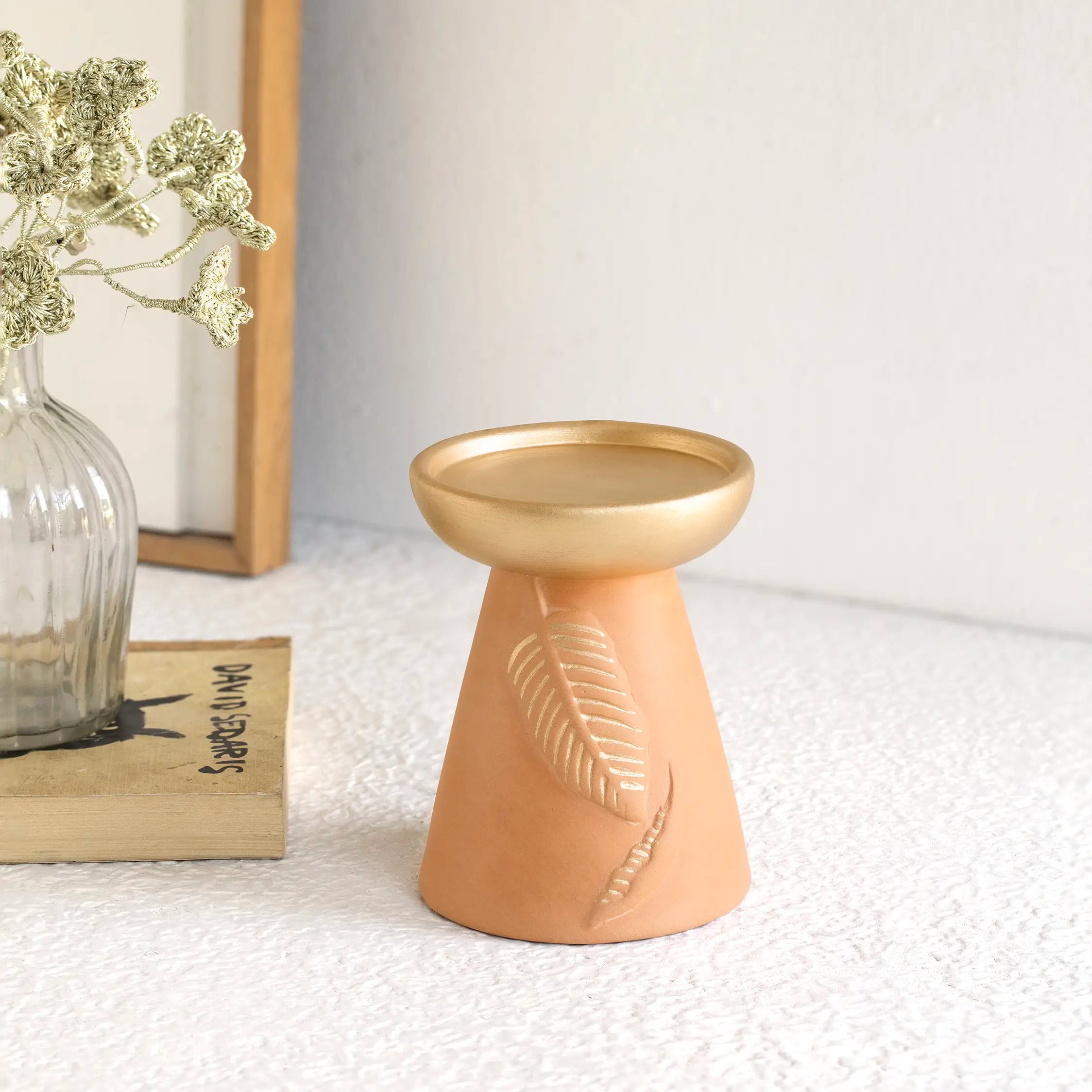 Frangipani terracotta candle holder - short