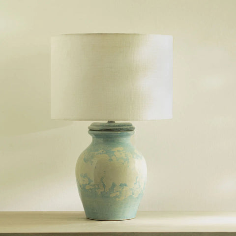 Vara Distressed Aqua Terracotta Table Lamp With Shade - White