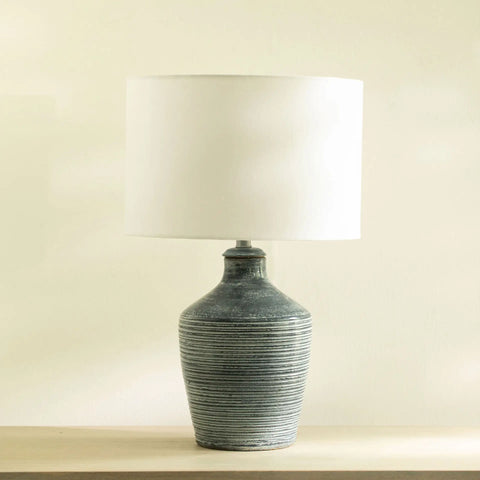 Vara Ribbed Terracotta Indigo Blue Lamp With Shade - White