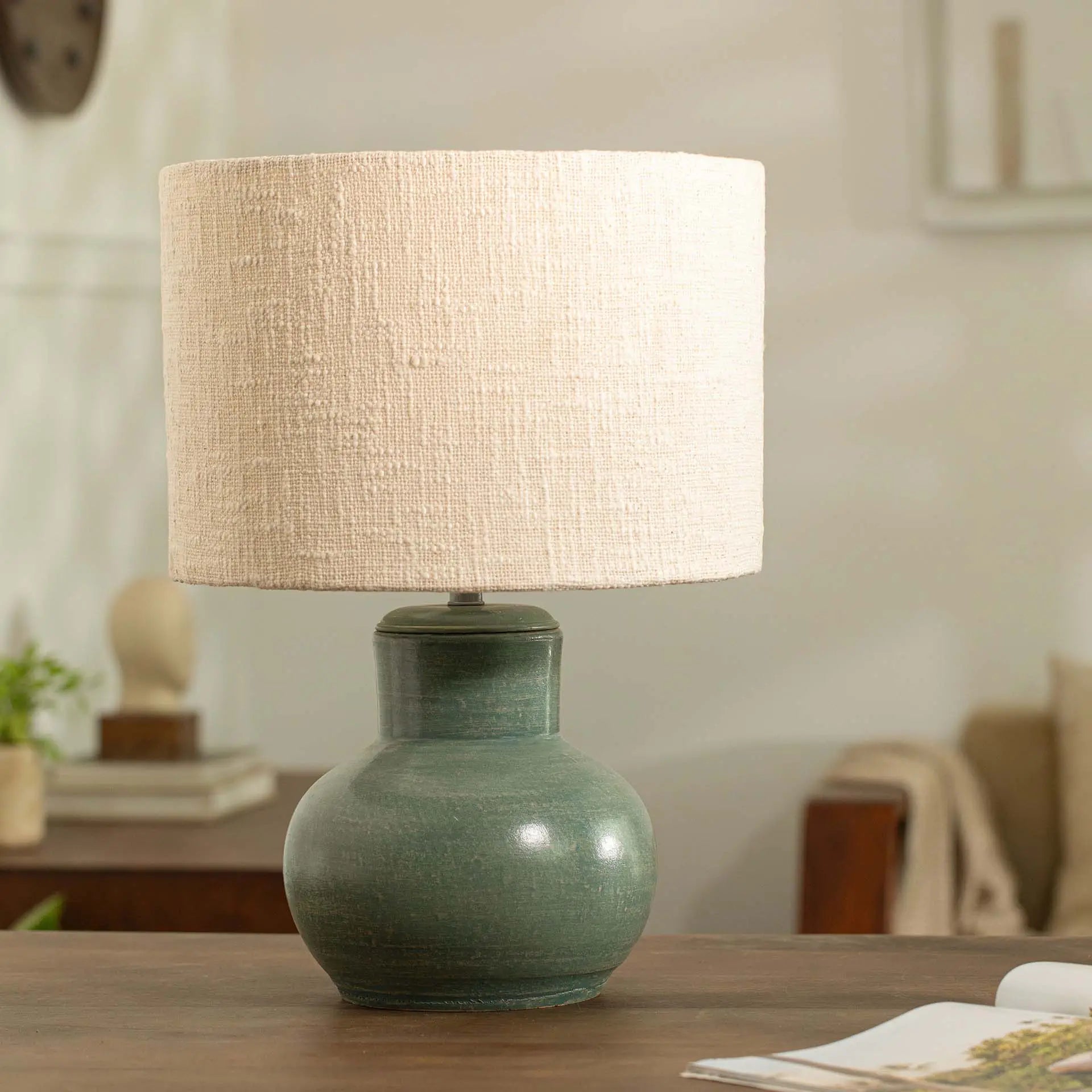 Vara Terracotta Ribbed Aquamarine Lamp With Shade - White