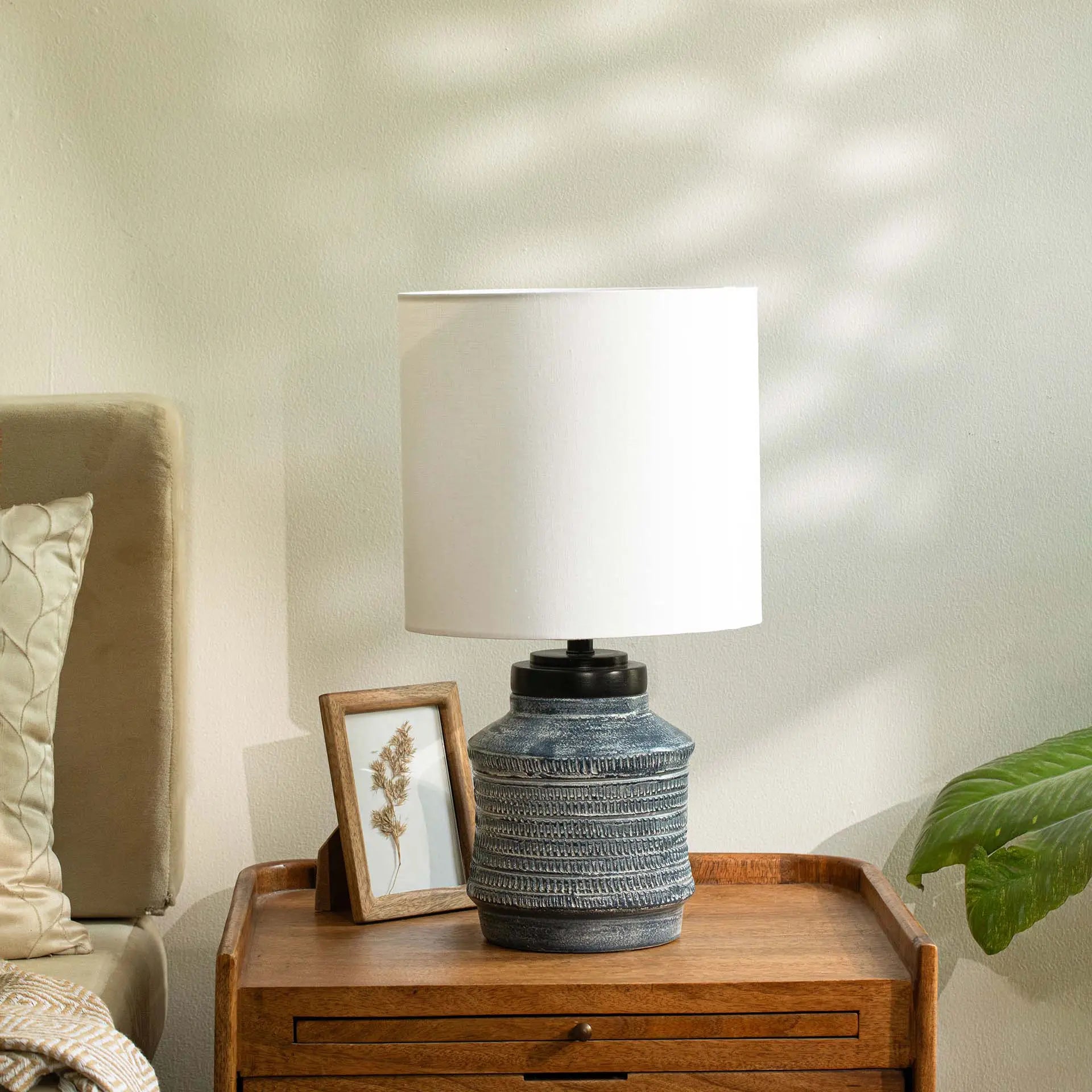 Vara Terracotta Textured Distressed Blue Lamp With Shade - White