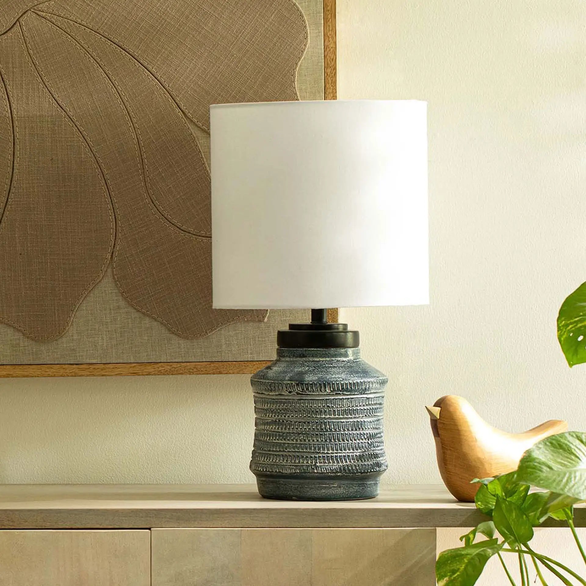 Vara Terracotta Textured Distressed Blue Lamp With Shade - White