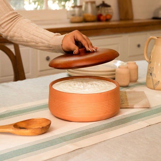 Terracotta Curd Setter With Wooden Lid- Large