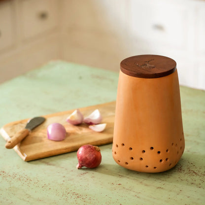 Dhara Terracotta Onion Storage Jar with Wooden Lid