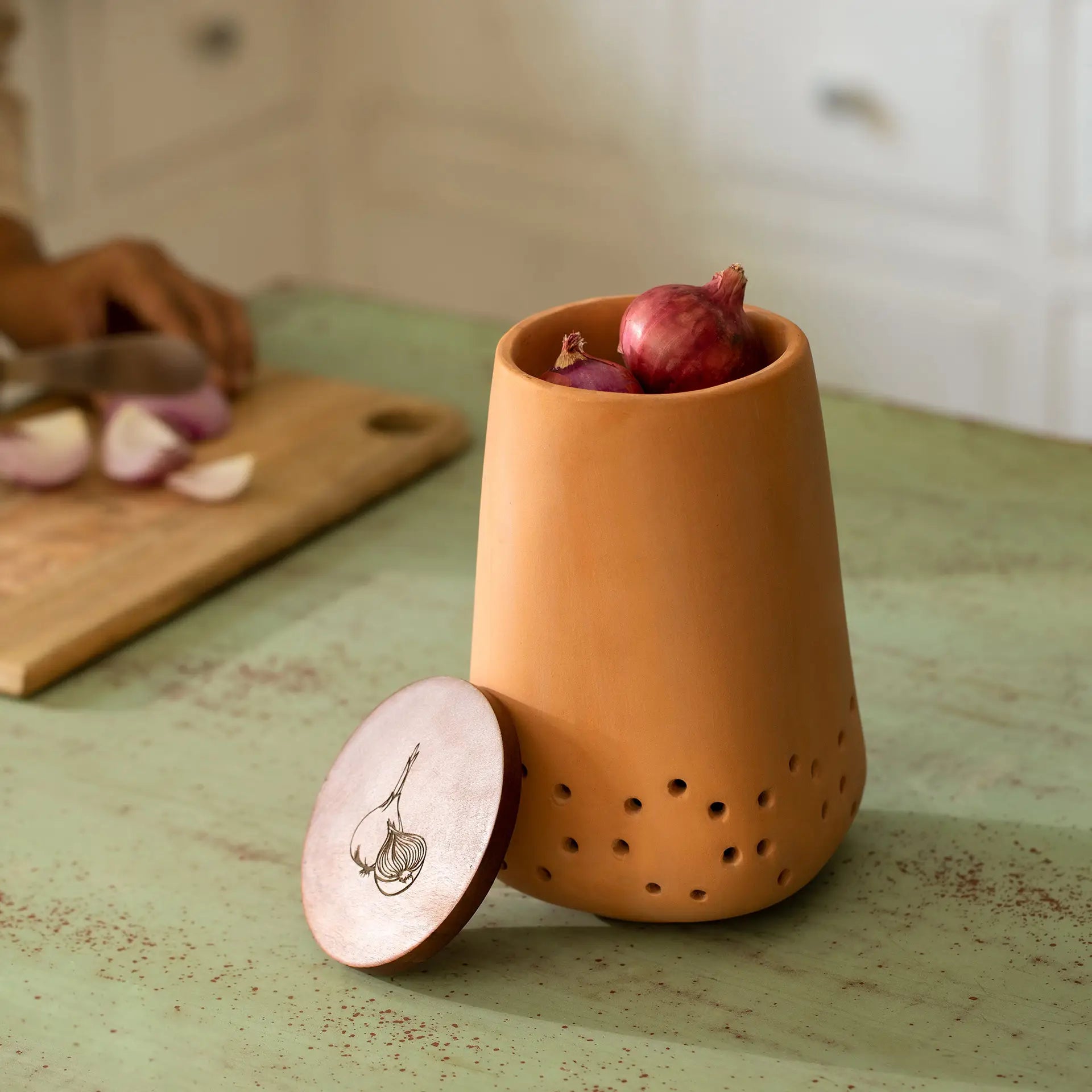 Dhara Terracotta Onion Storage Jar with Wooden Lid