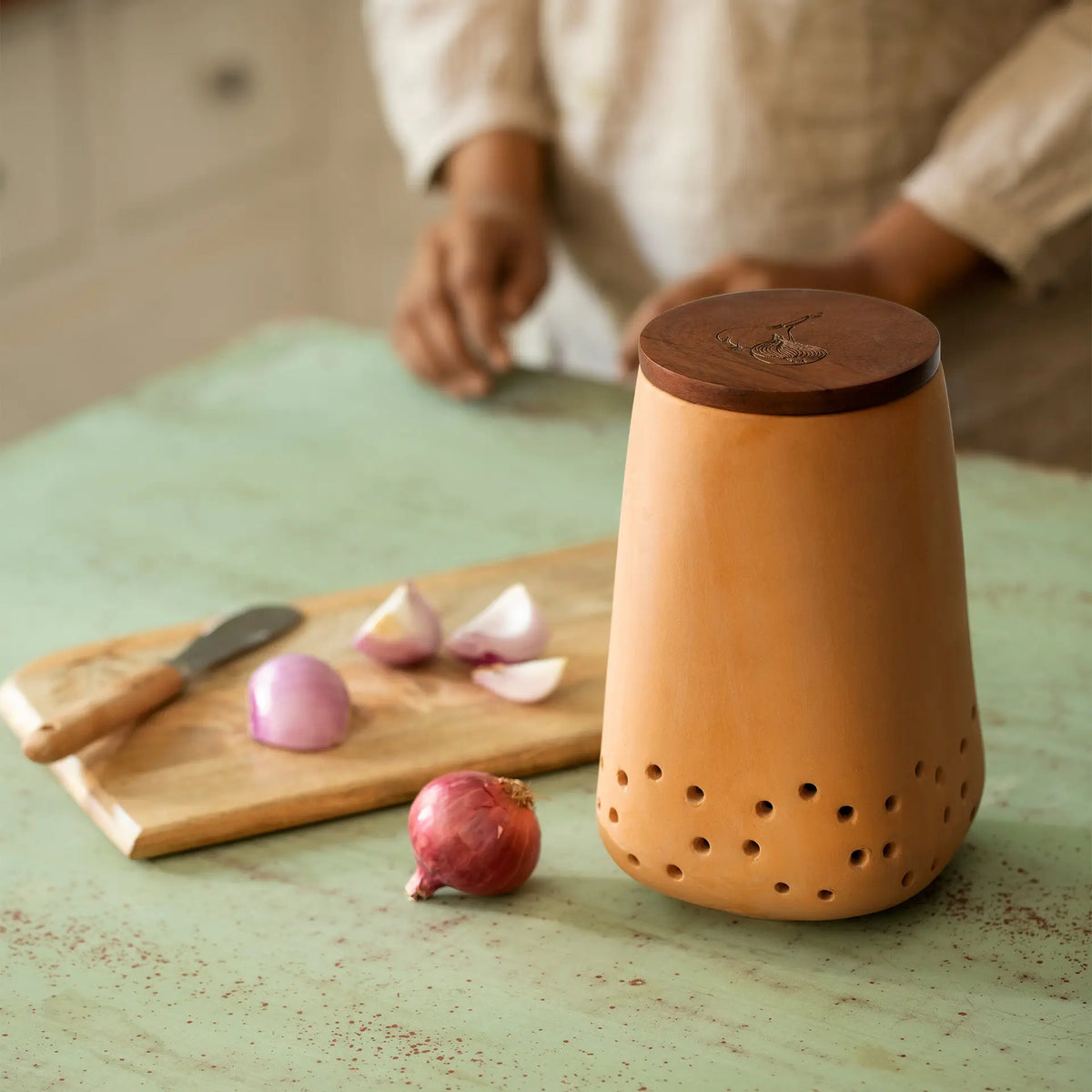 Dhara Terracotta Onion Storage Jar with Wooden Lid