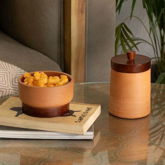 Terracotta Serving Bowl With Wooden Base- Small