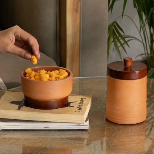 Terracotta Serving Bowl With Wooden Base- Small