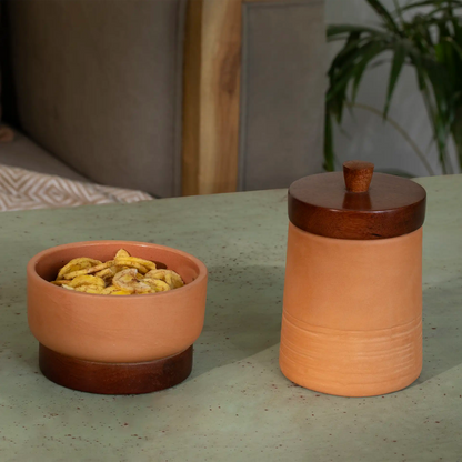 Terracotta Serving Bowl With Wooden Base- Small