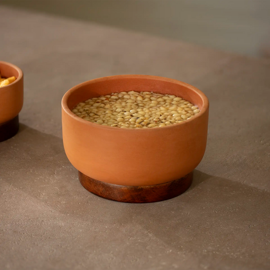 Terracotta Serving Bowl With Wooden Base- Medium