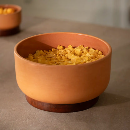 Terracotta Serving Bowl With Wooden Base- Large