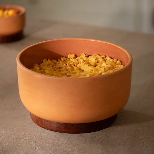 Terracotta Serving Bowl With Wooden Base- Large