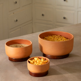 Terracotta Serving Bowl With Wooden Base- Large