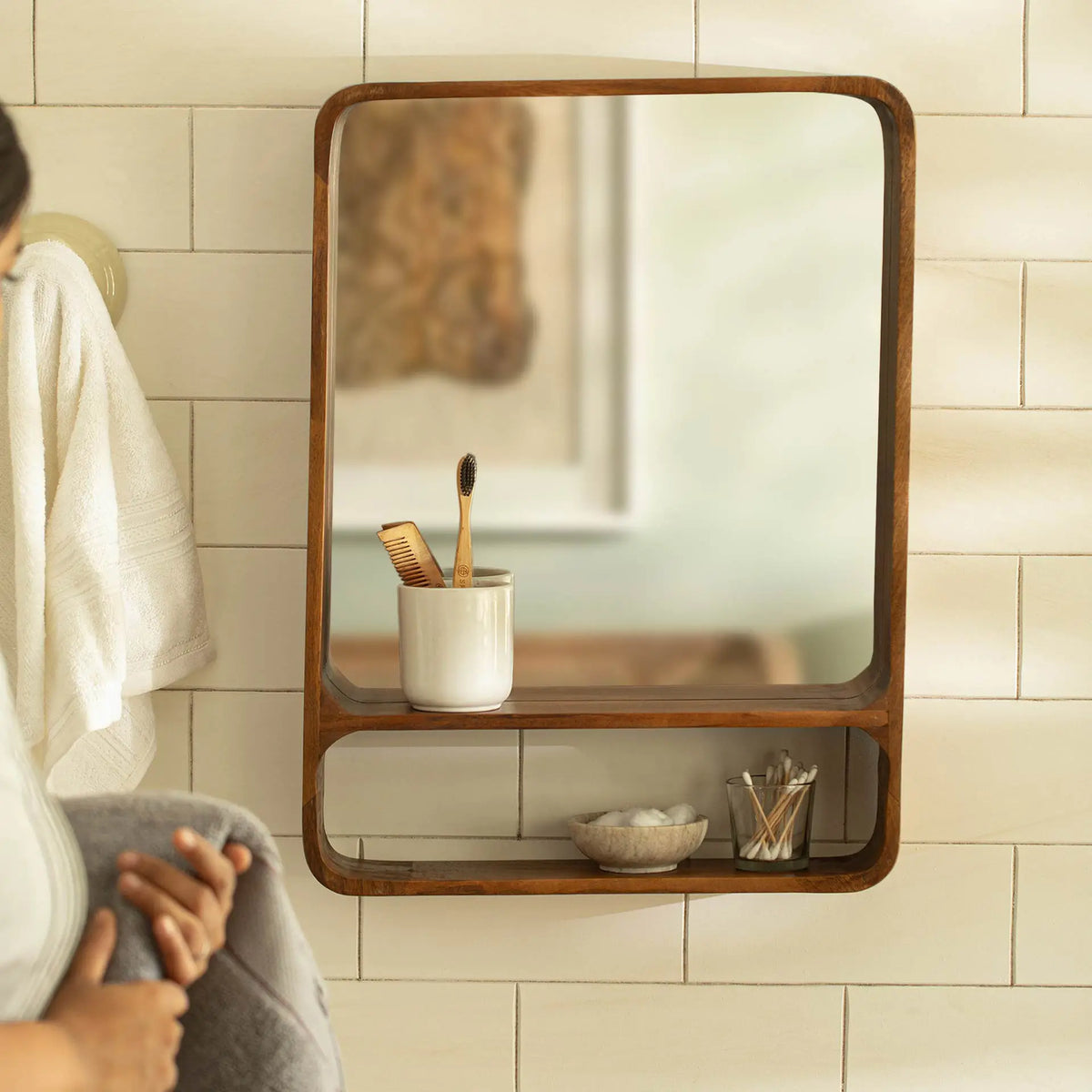 Wooden Wall Shelf With Mirror