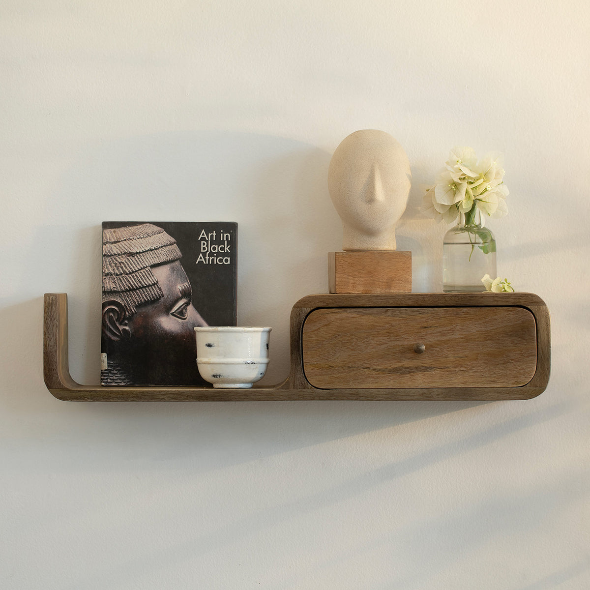 boxy wooden shelf with drawer