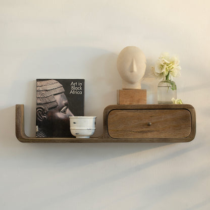 boxy wooden shelf with drawer