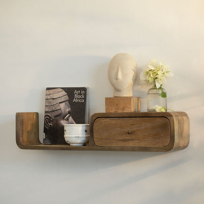 boxy wooden shelf with drawer