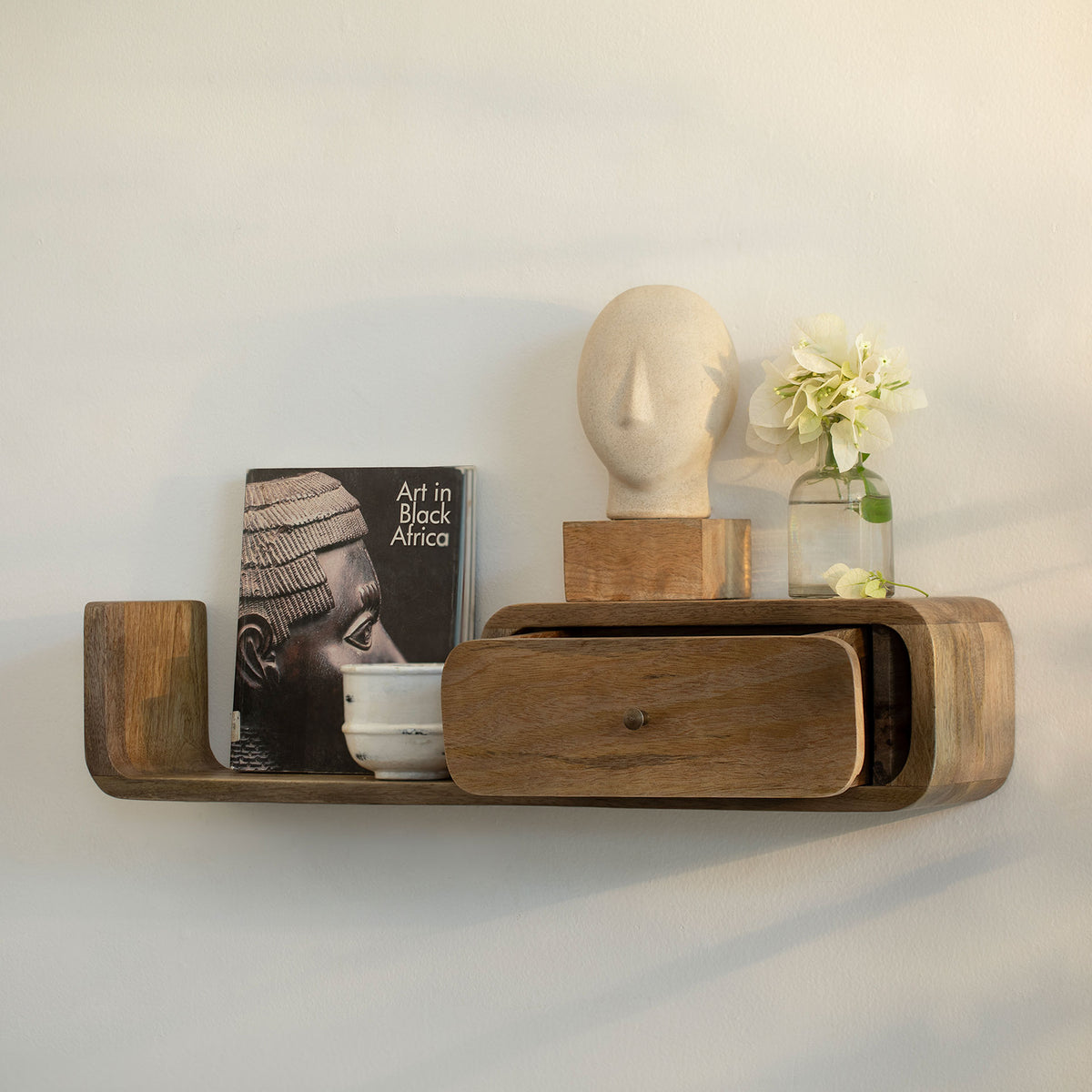 boxy wooden shelf with drawer