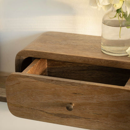 boxy wooden shelf with drawer