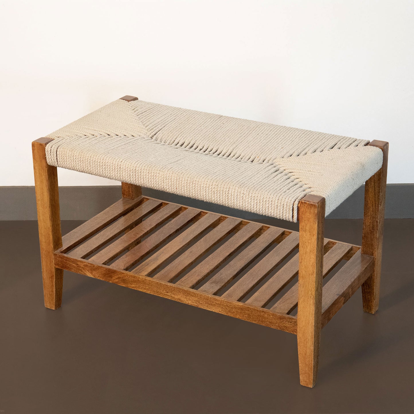 Twine Wooden Bench with Rack (White)