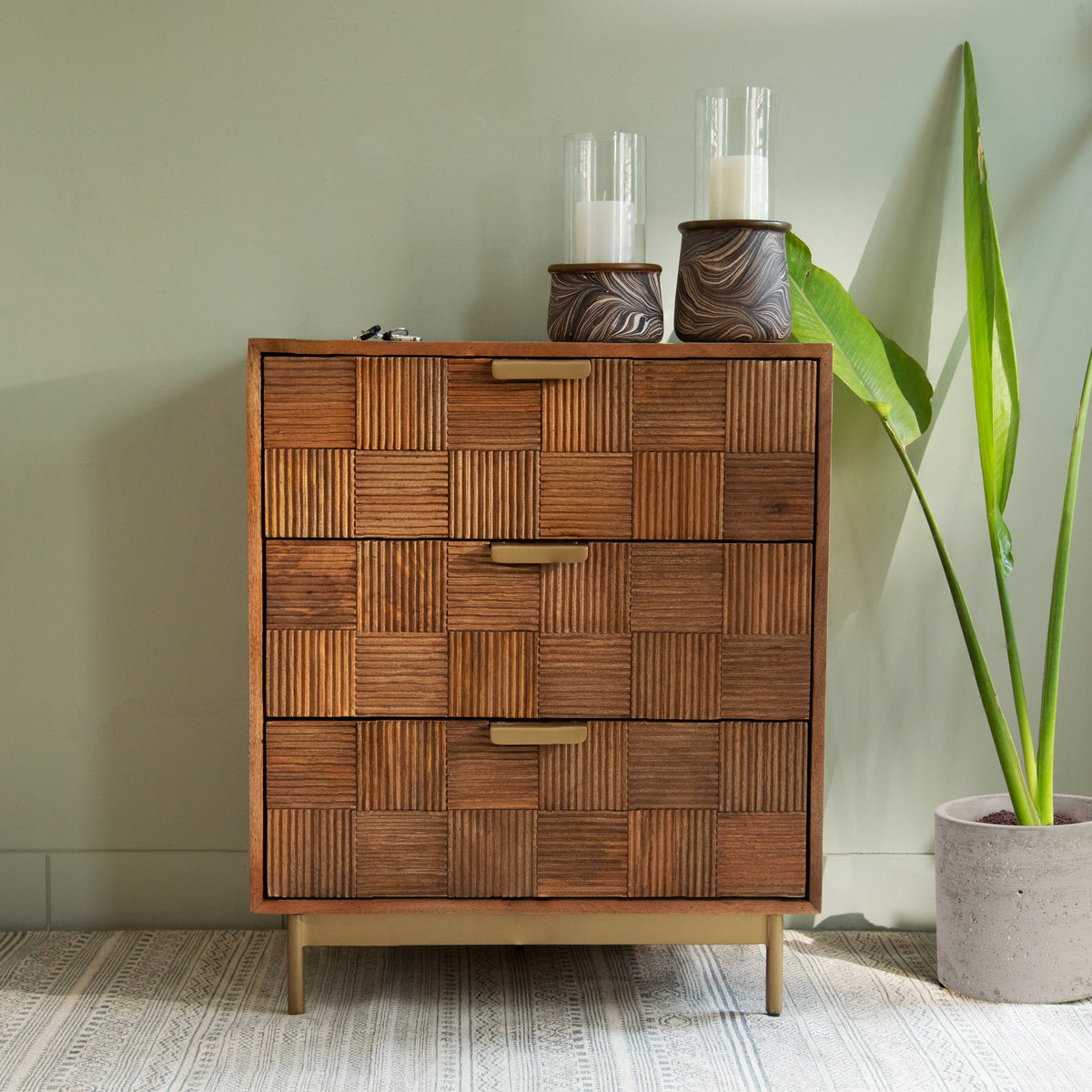 Bruno triple drawer chest with metal stand