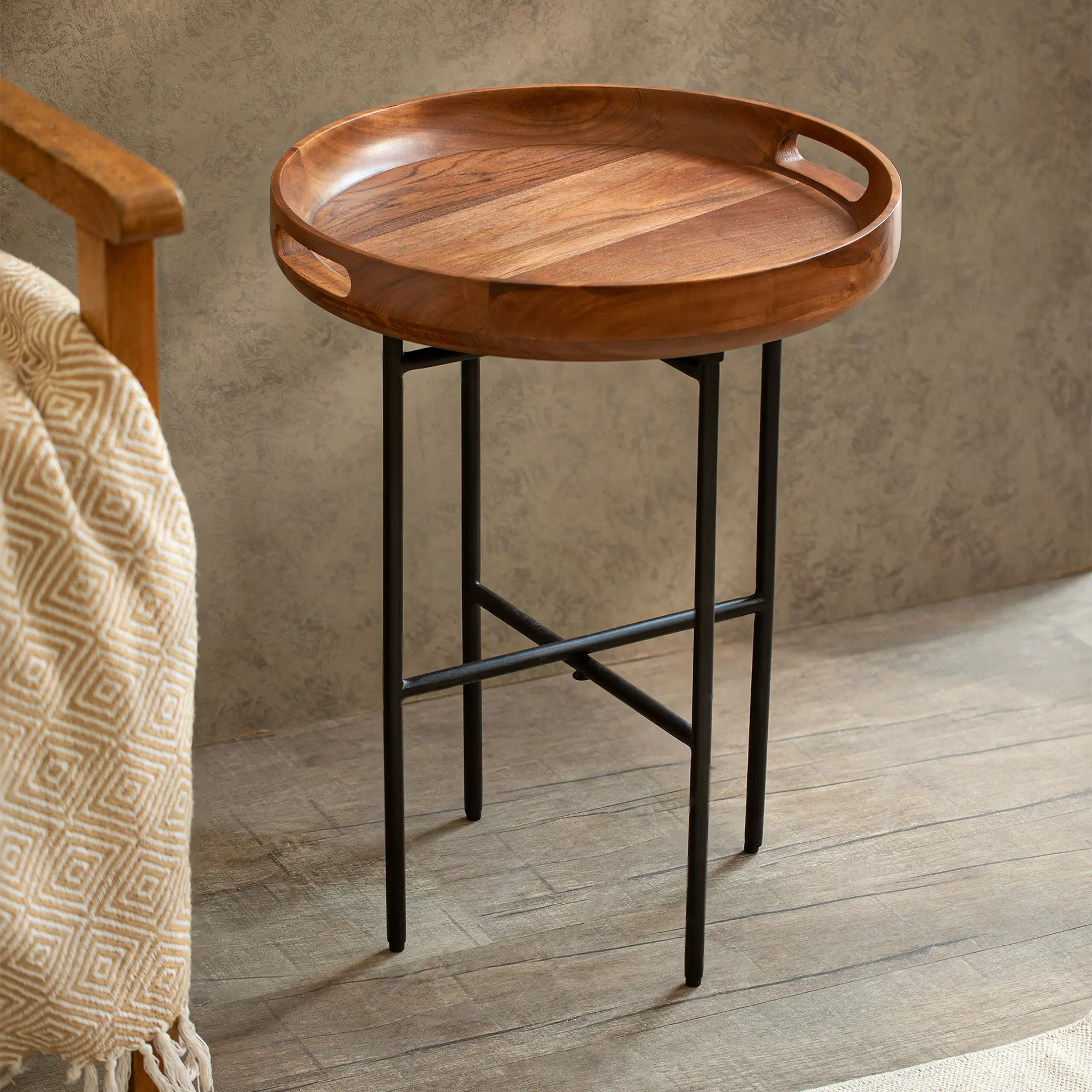 Ready-To-Assemble Wooden Side Table with Metal Stand