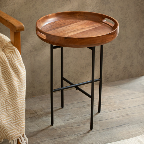 Ready-To-Assemble Wooden Side Table with Metal Stand