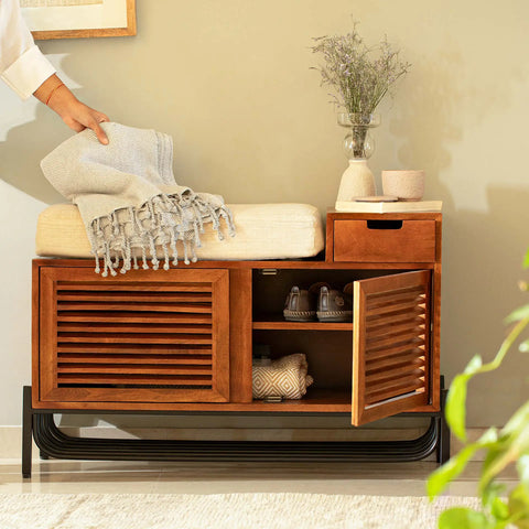 Wooden Shoe Rack with Drawer and Cushion