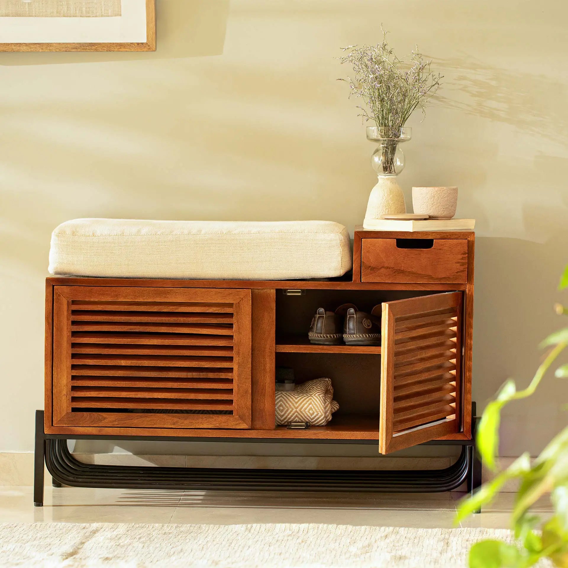 Wooden Shoe Rack with Drawer and Cushion – ellementry