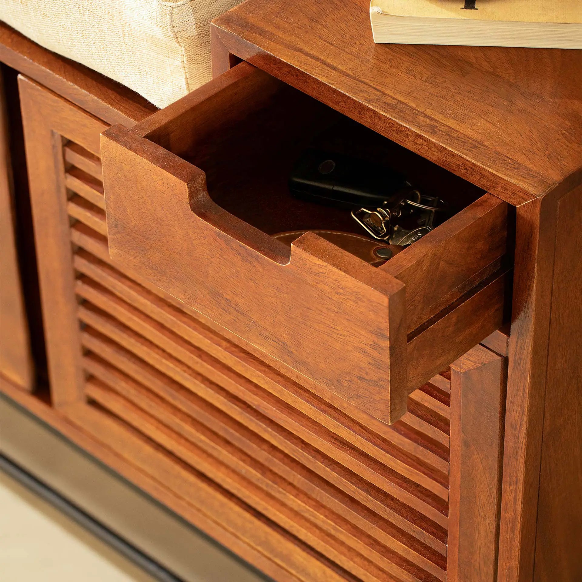 Wooden Shoe Rack with Drawer and Cushion