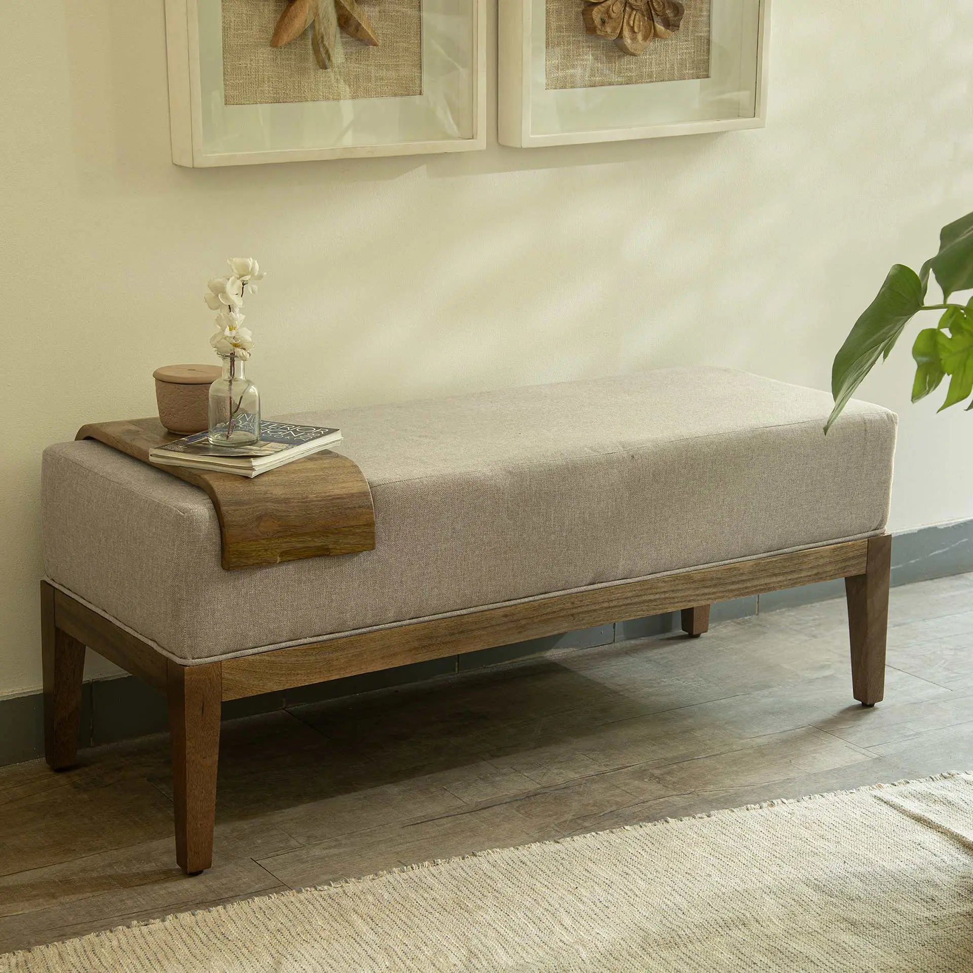 Upholstered Wooden Bench with Wooden Slider