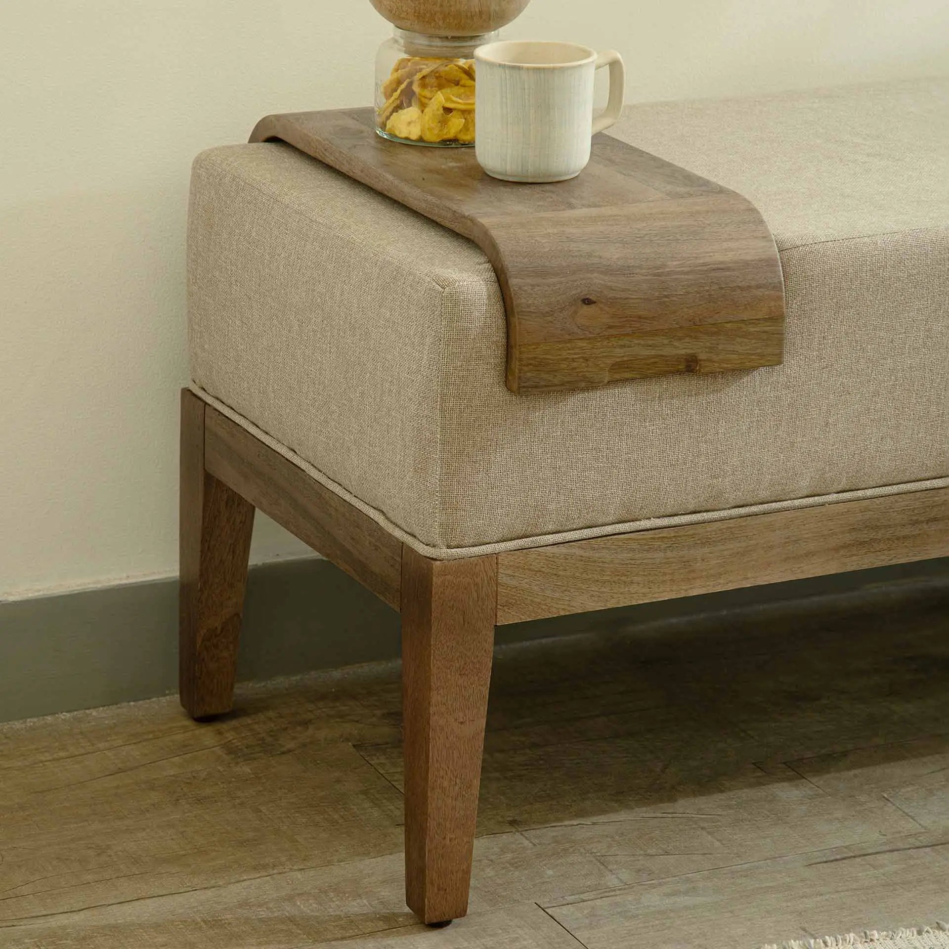 Upholstered Wooden Bench with Wooden Slider