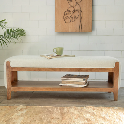 Noah Wooden Cushioned Bench with Shelf- 1