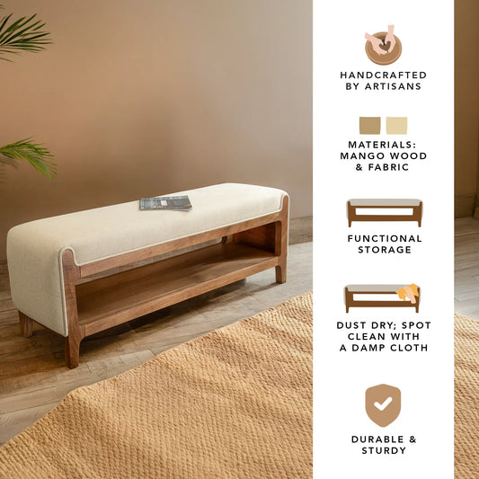Noah Wooden Cushioned Bench with Shelf- 1