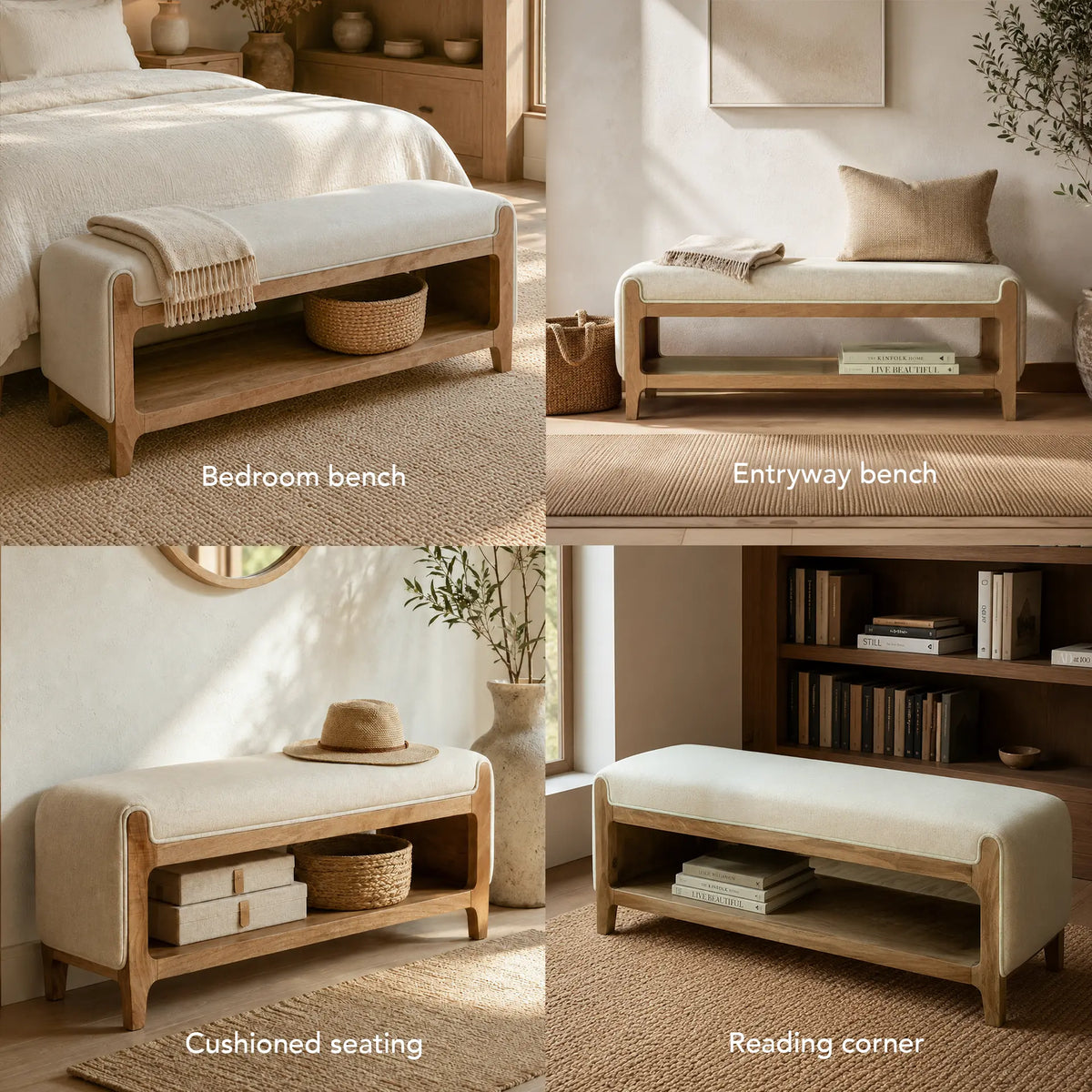 Noah Wooden Cushioned Bench with Shelf- 1