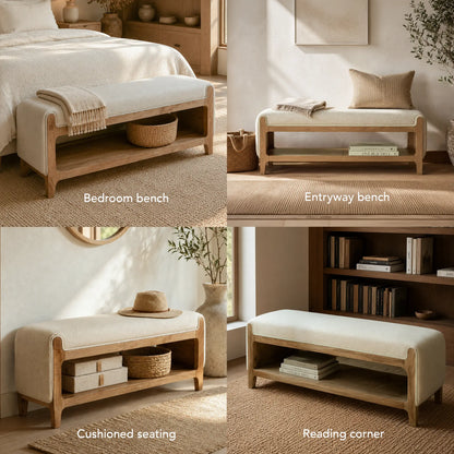 Noah Wooden Cushioned Bench with Shelf- 1