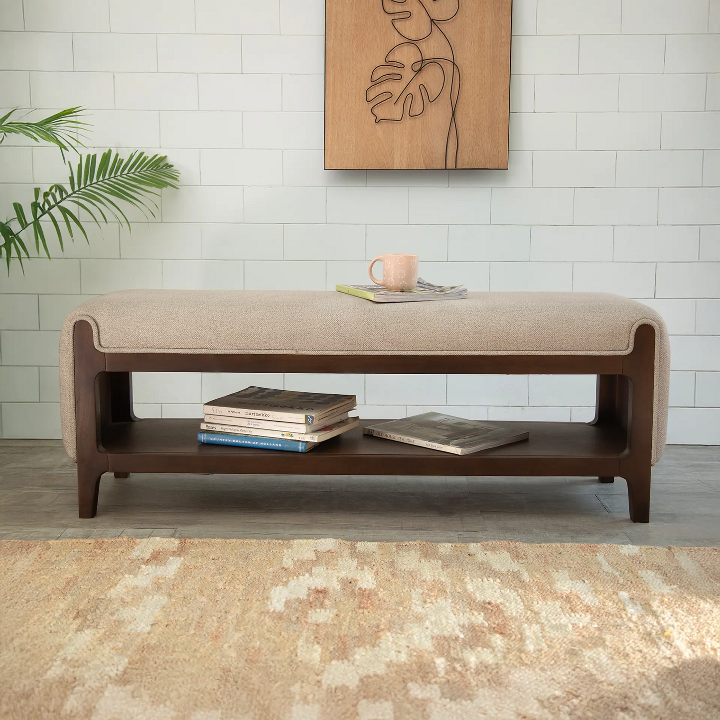 Noah Wooden Cushioned Bench with Shelf- 2