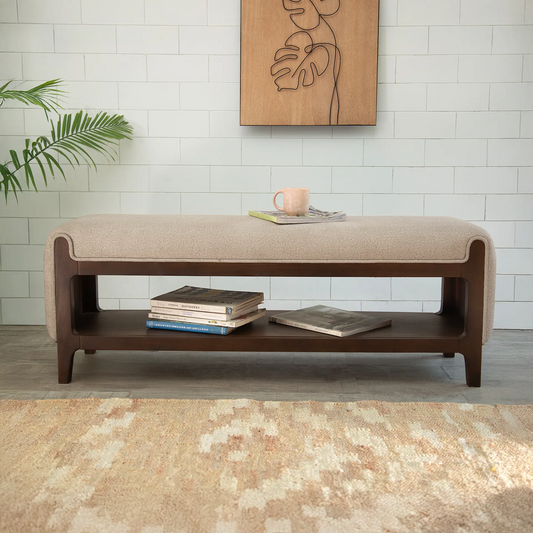 Noah Wooden Cushioned Bench with Shelf- 2