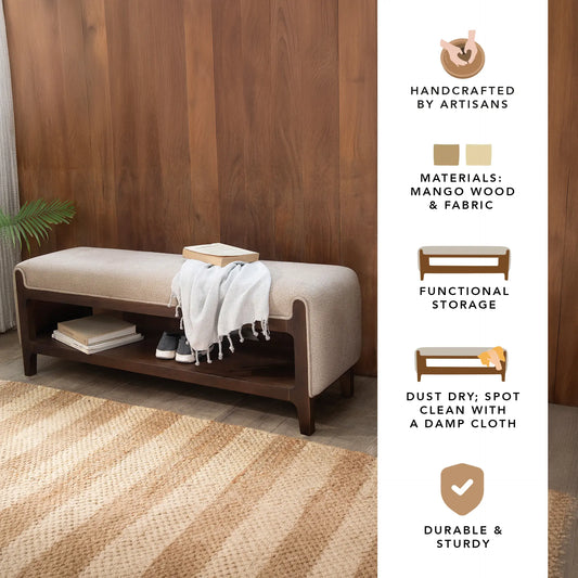 Noah Wooden Cushioned Bench with Shelf- 2