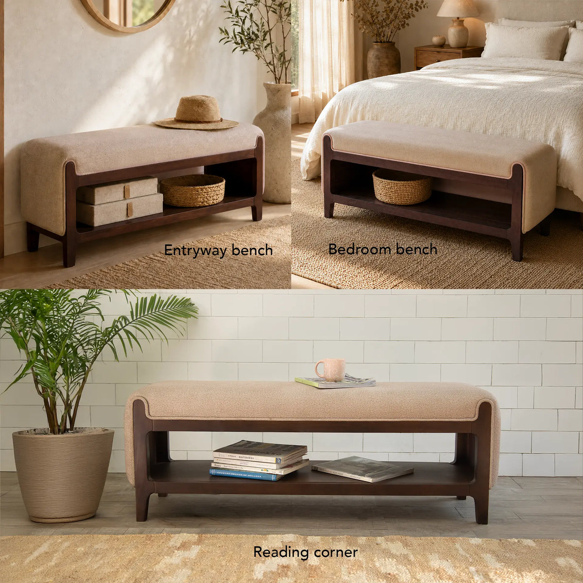 Noah Wooden Cushioned Bench with Shelf- 2