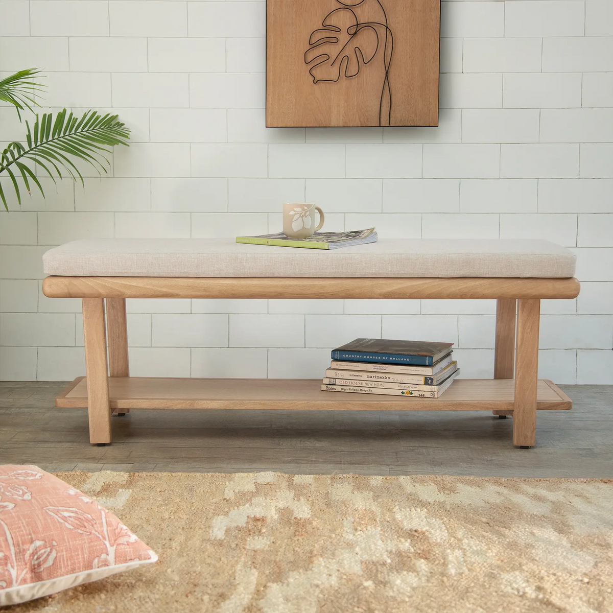 Willow Wooden Cushioned Bench with Shelf