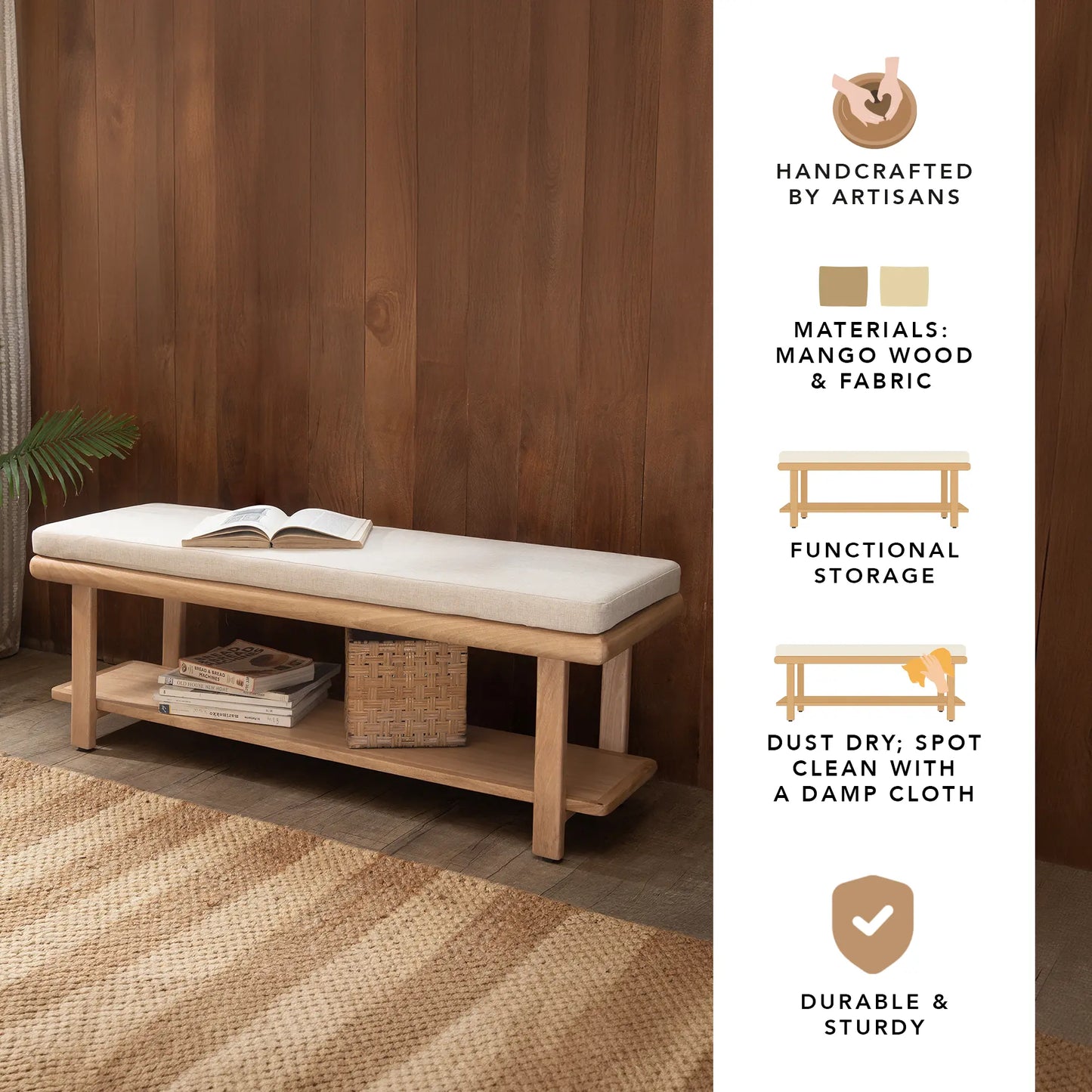 Willow Wooden Cushioned Bench with Shelf