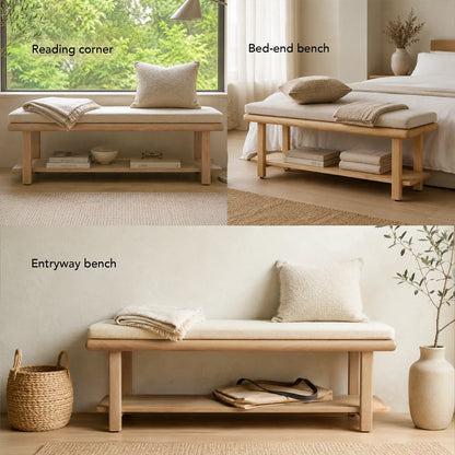 Willow Wooden Cushioned Bench with Shelf