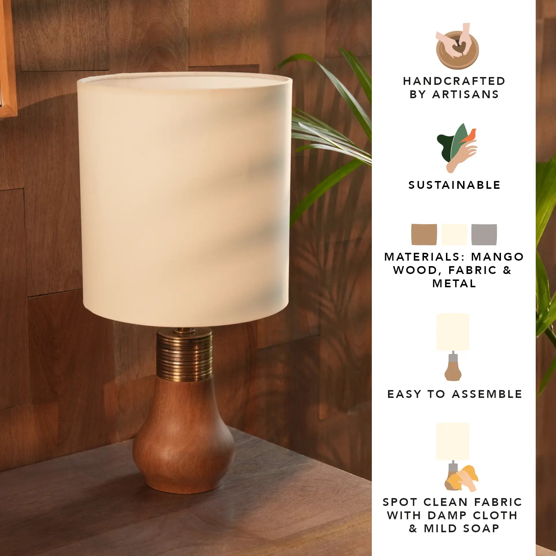 Cottage Wooden Ribbed Lamp with Shade