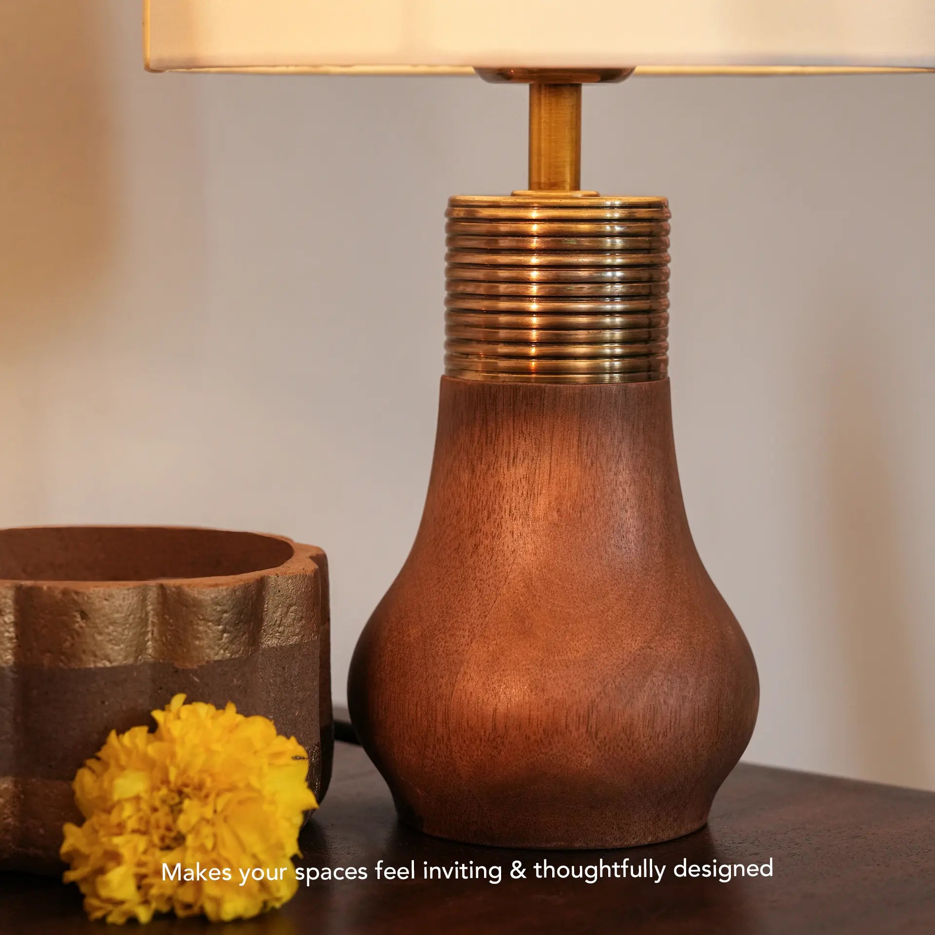 Cottage Wooden Ribbed Lamp with Shade