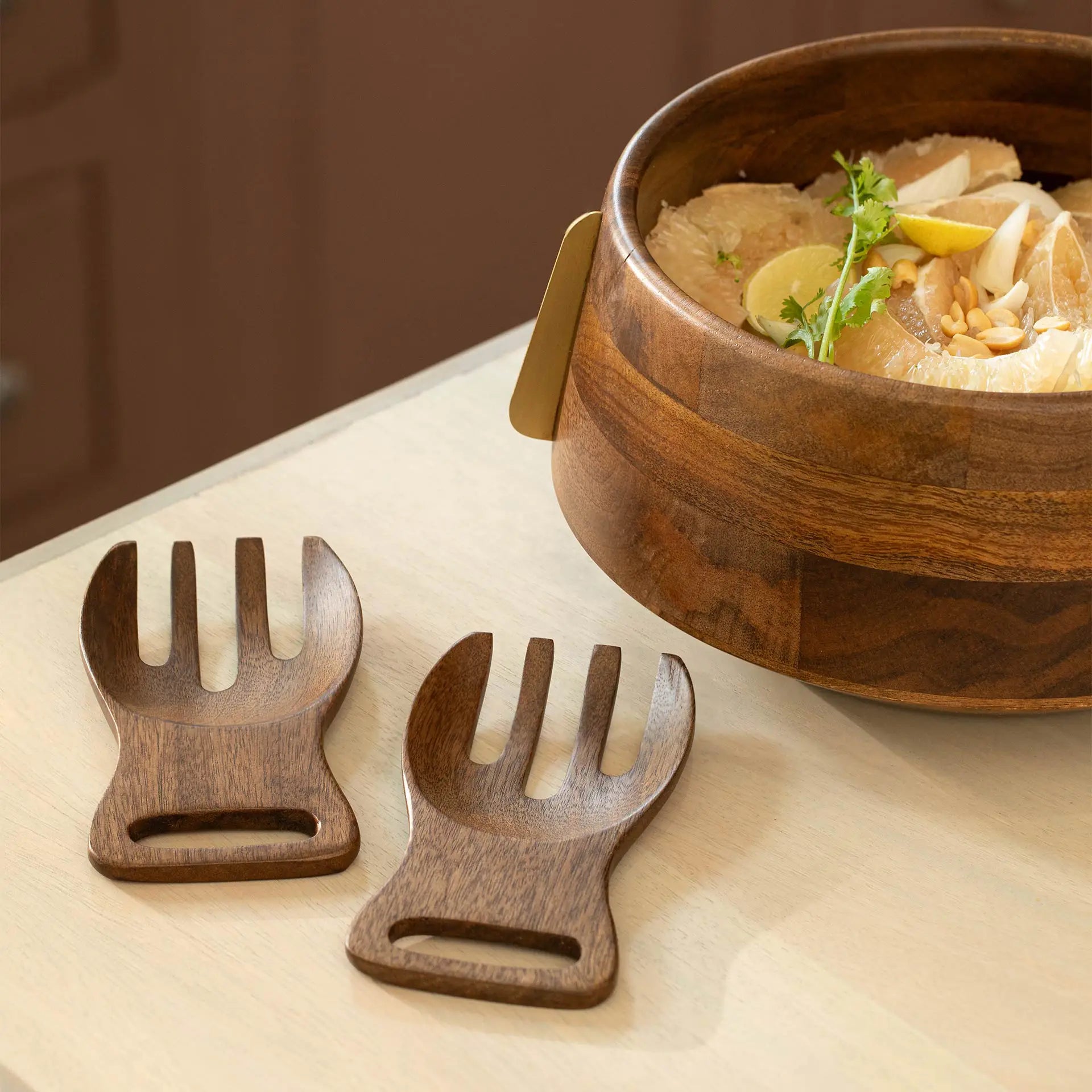 Aranya Wood Brass Salad Bowl and Server Set