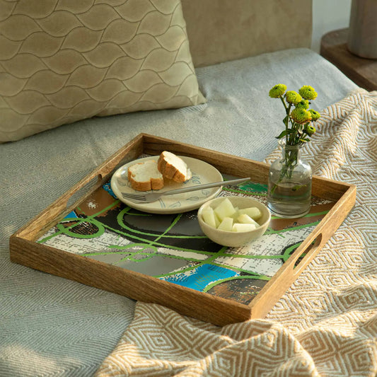 Wooden Muticolour Abstract Tray - Square