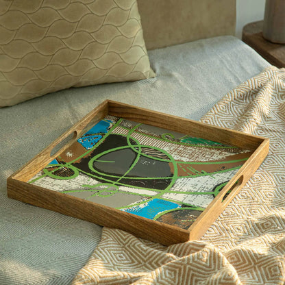 Wooden Muticolour Abstract Tray - Square