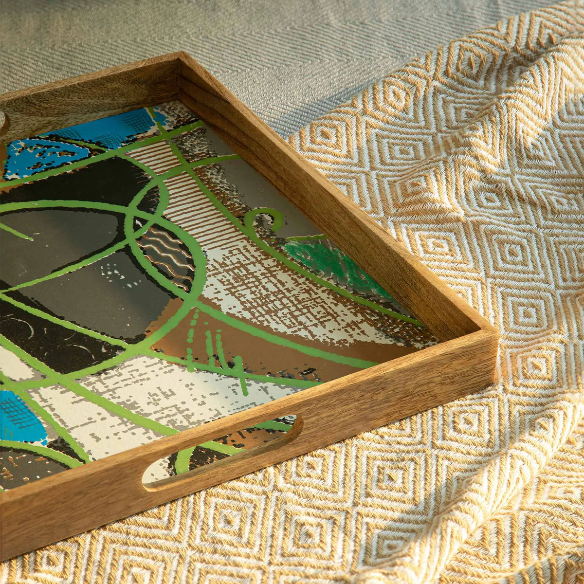 Wooden Muticolour Abstract Tray - Square